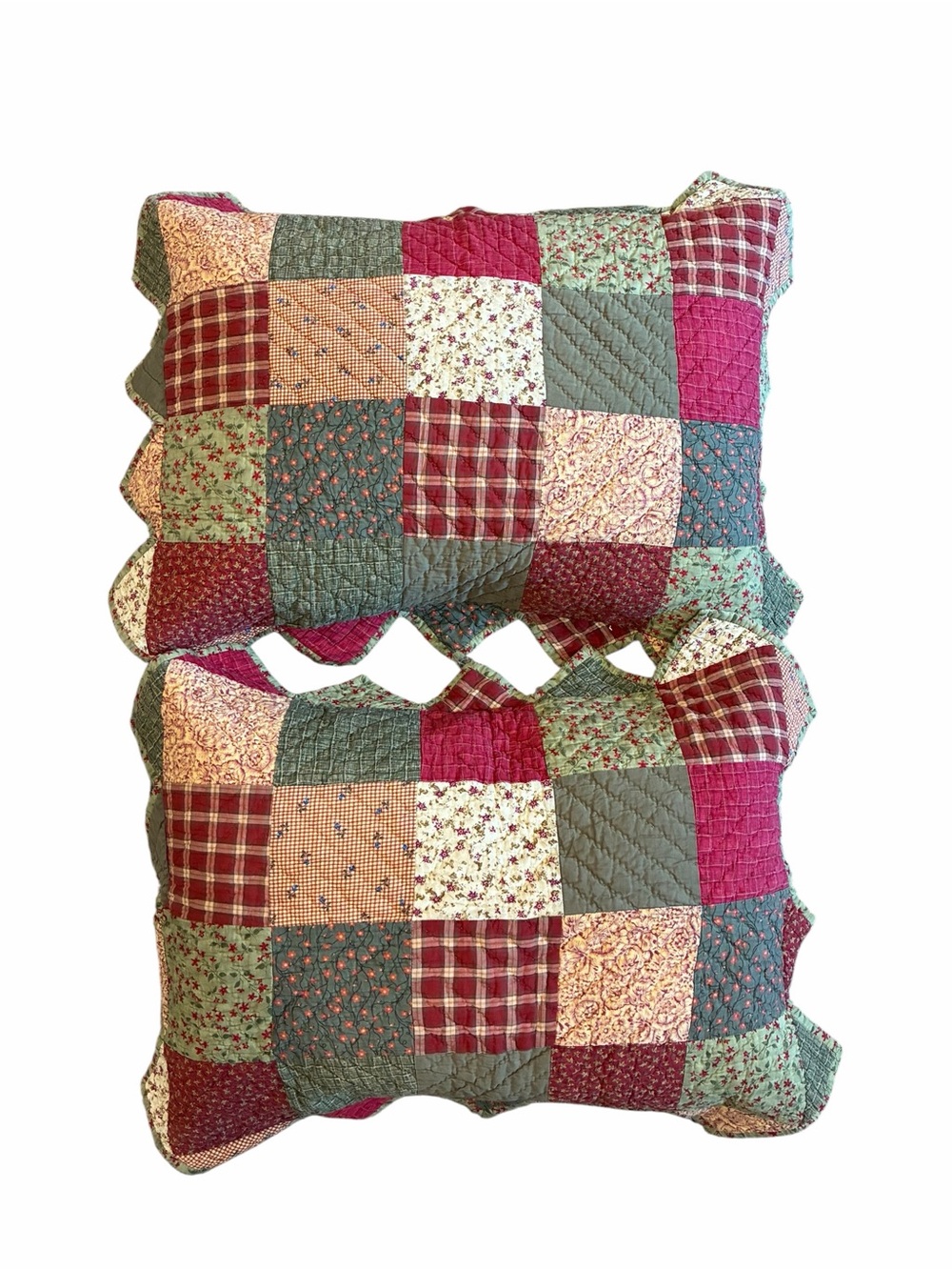 Hand-Stitched Patchwork Quilted Pillow Pair in Burgundy, Green, Cream Standard